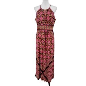 Roz & Ali Dress Womens 14 Geometric Floral Long Maxi Black Pink Orange Boho